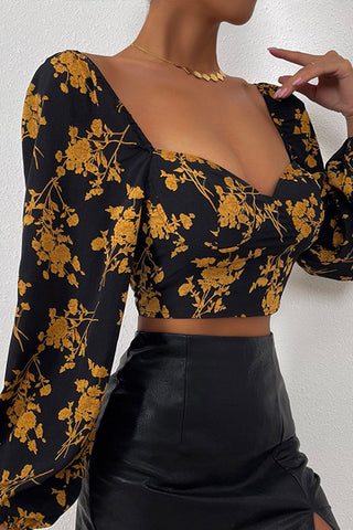 Floral Print Long Sleeve U-Neck Cropped Top