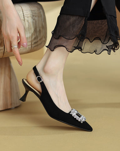 Rhinestones  Slingback Kitten Heel Pointed Toe Stiletto Pumps