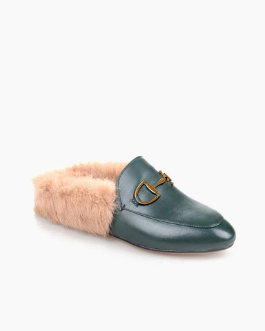 Alina Elegant Leather Backless Fur Slip-On Mules