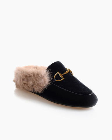 Alina Velvet Backless Fur Slip-on Comfort Mules