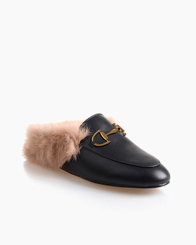 Alina Elegant Leather Backless Fur Slip-On Mules