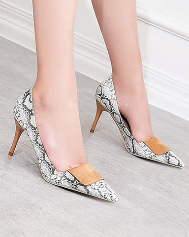 Point-toe Snakeskin Print Heel Pumps