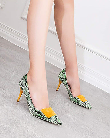 Point-toe Snakeskin Print Heel Pumps