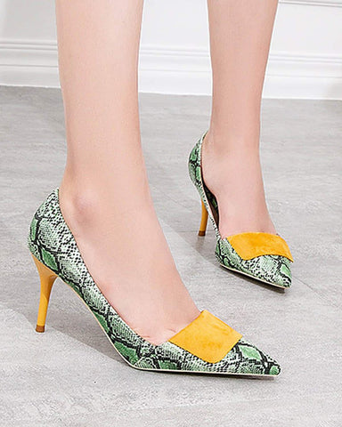 Point-toe Snakeskin Print Heel Pumps