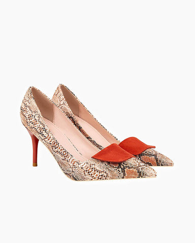 Point-toe Snakeskin Print Heel Pumps