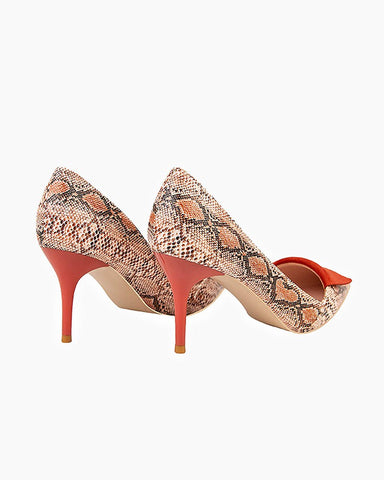 Point-toe Snakeskin Print Heel Pumps