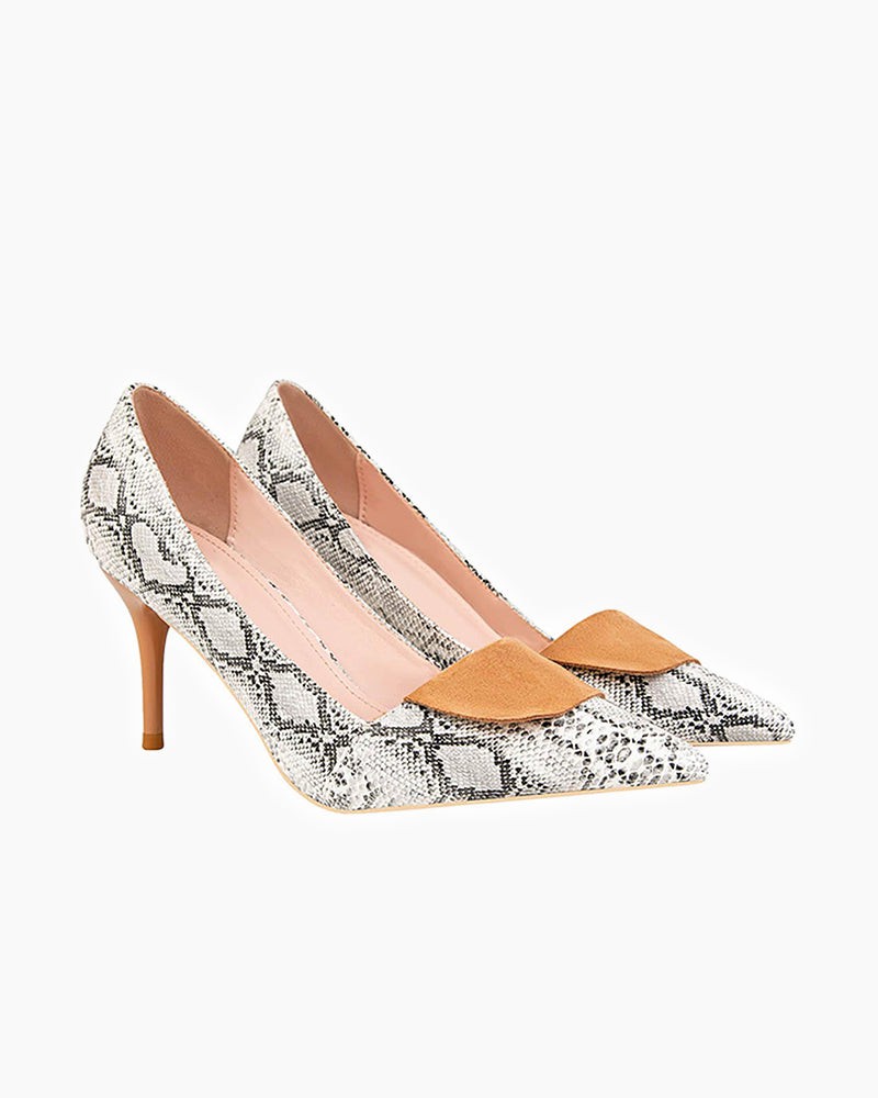 Point-toe Snakeskin Print Heel Pumps