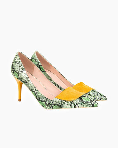 Point-toe Snakeskin Print Heel Pumps