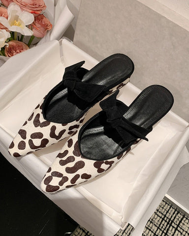 Bow Knot Calf Hair Pointed Toe Slippers Mules