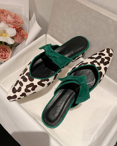 Bow Knot Calf Hair Pointed Toe Slippers Mules