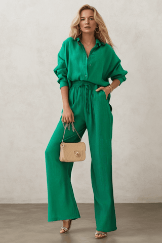 Casual simple solid color half-open collar shirt and high-waisted trousers two-piece set