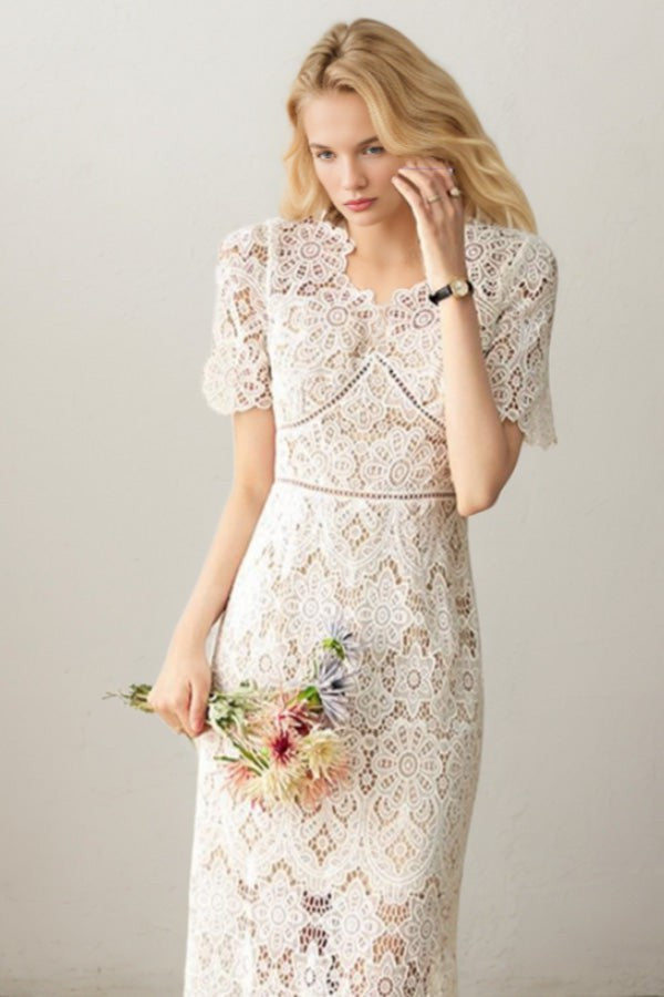 Lace Short-sleeved V-neck Slim Dress