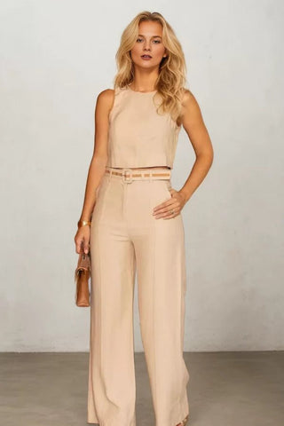 Colourblocked Top Straight Leg Pants Two Piece Set