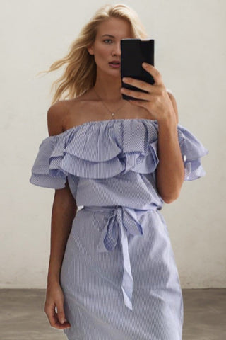 Soft Sophistication-Ruffled Sleeves Striped Off-shoulder Bateau Neck Dress