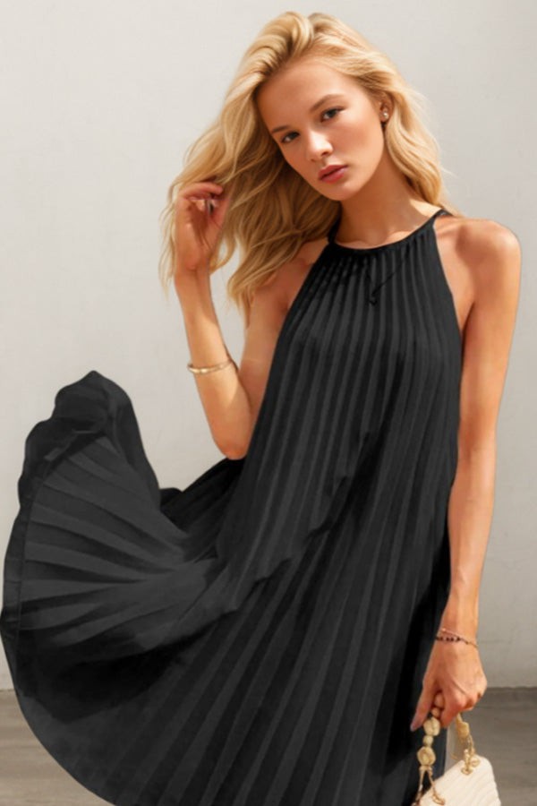 Moonlit Dinner Delight-Sleeveless Pleated Strappy Dress