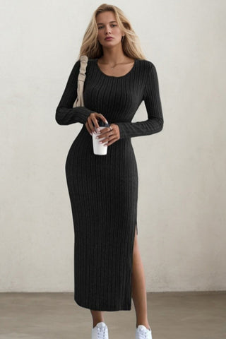 Understated Glam-Autumn and Winter New Long-sleeved Round Neck Slit Knitted Long Jumpsuit Dress