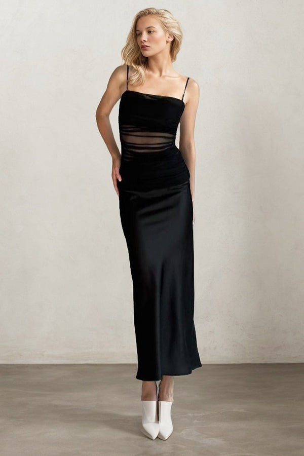 Flattering Fit Light mature style mesh see-through high-waisted slit halter dress long dress