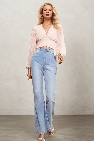 V-neck Pleated Trumpet Sleeves Cropped T-shirt