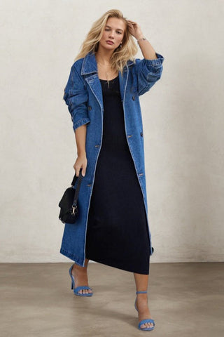 Denim Cotton Solid Color Double Pocket Long Coat