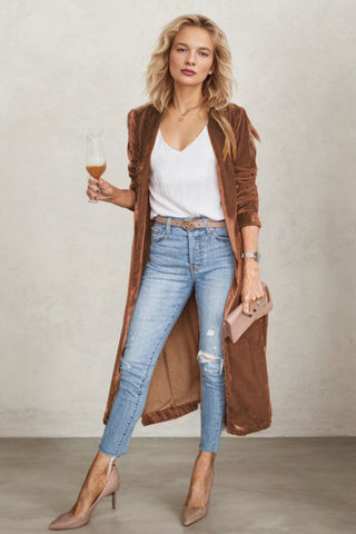 Gold Velvet Loose Stretch Long Coat