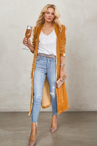 Gold Velvet Loose Stretch Long Coat