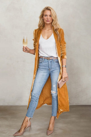 Gold Velvet Loose Stretch Long Coat