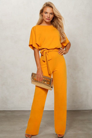 Waist-Cinched Short-sleeved Mid-rise Jumpsuit