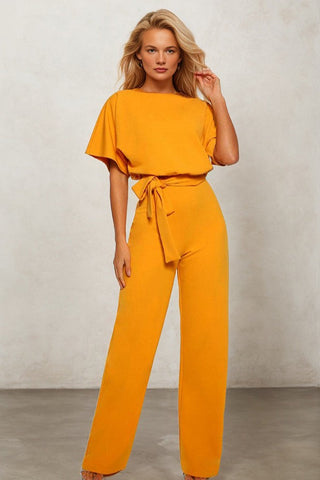 Waist-Cinched Short-sleeved Mid-rise Jumpsuit