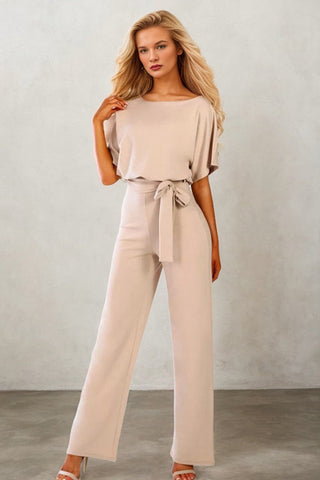 Waist-Cinched Short-sleeved Mid-rise Jumpsuit