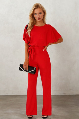 Waist-Cinched Short-sleeved Mid-rise Jumpsuit