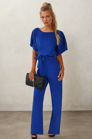 Waist-Cinched Short-sleeved Mid-rise Jumpsuit