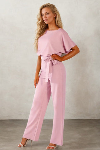 Waist-Cinched Short-sleeved Mid-rise Jumpsuit