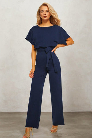 Waist-Cinched Short-sleeved Mid-rise Jumpsuit