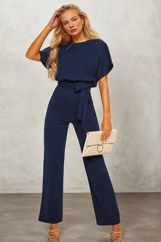 Waist-Cinched Short-sleeved Mid-rise Jumpsuit