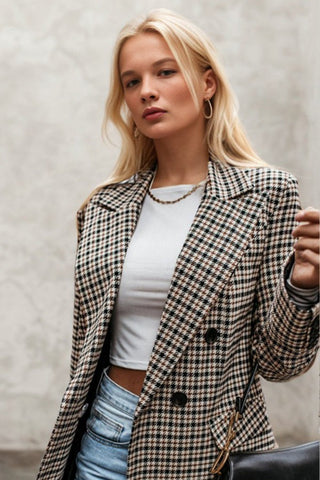 Vintage Lapel Collar Double Breasted Plaid Blazers