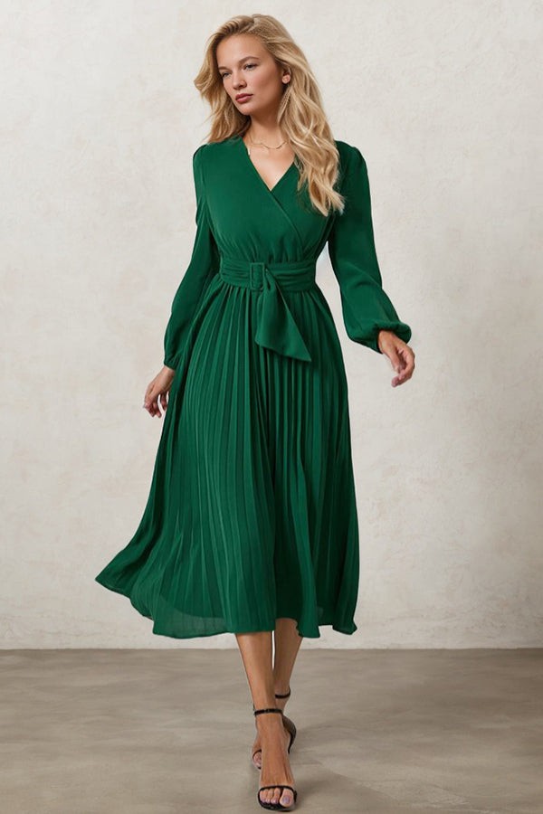 Effortless Elegance V-neck Puff Sleeve Pleated Dress