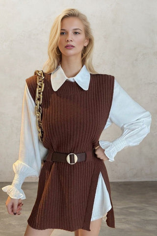 Chic Layers Tie Waist Knit Vest Shirt Two Piece Set