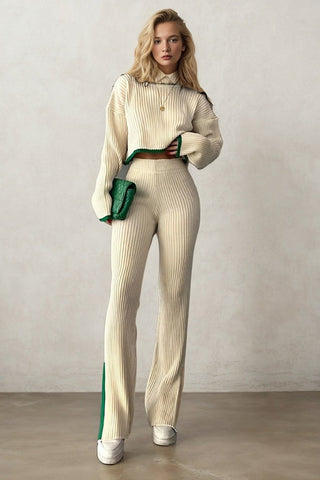 Lazy Style Knit Sweater and Elastic Waist Wide-leg Pants Two-piece Set