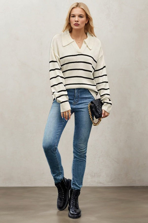 Striped Lapel Pullover Knitted Polo Sweater