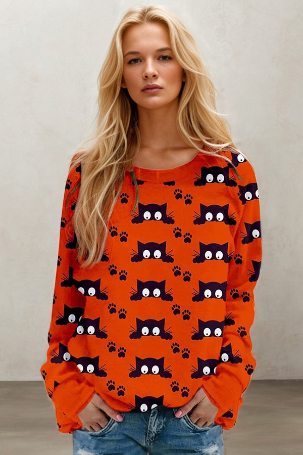 Halloween Pumpkin Black Cat Print Crew Neck Sweatshirt