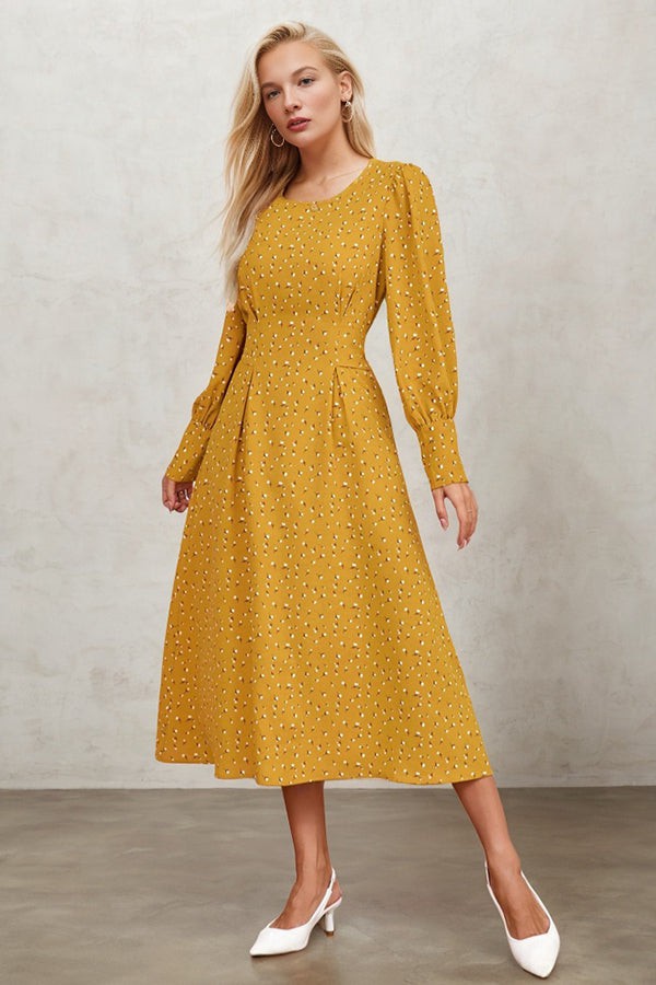 Golden Hour Glow Floral Round Neck Strappy Long Sleeve Dress