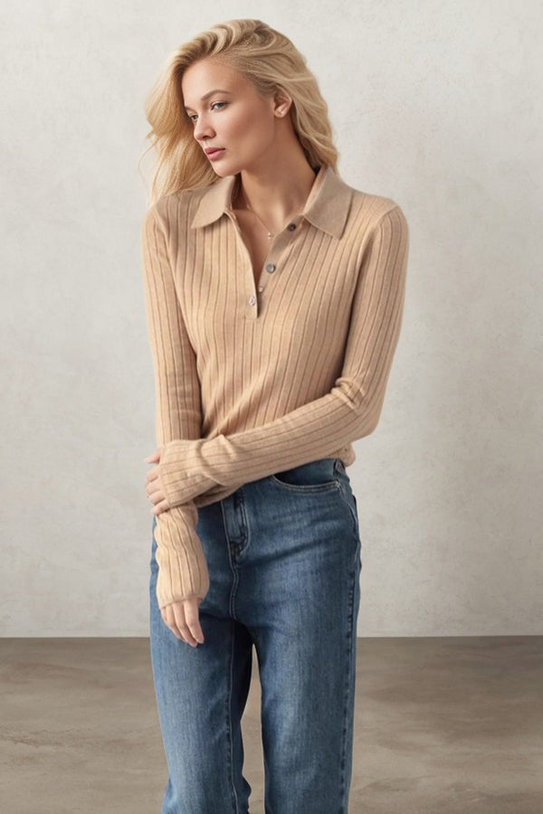 Flattering Fit Polo Neck Wool Vertical Striped Knit Sweater