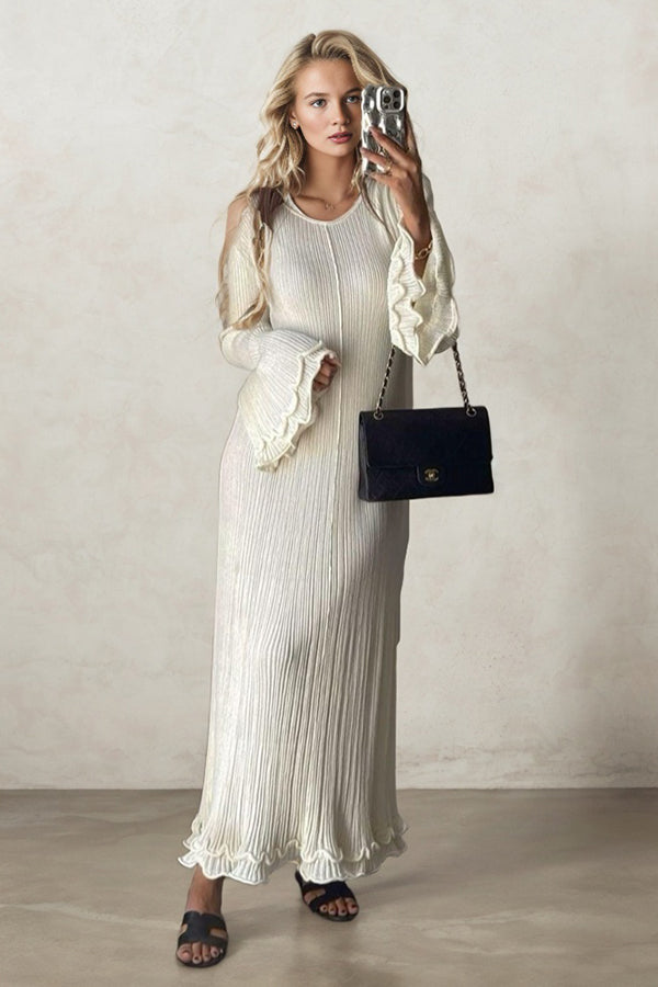 Sophistication Curling Horn Sleeve Knitted Maxi Dress