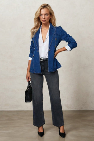 Effortless Lapel Collar Denim Double-breasted Blazer