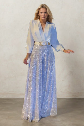 Stylish V-neck Long Sleeve Sequin Wide Leg Pants