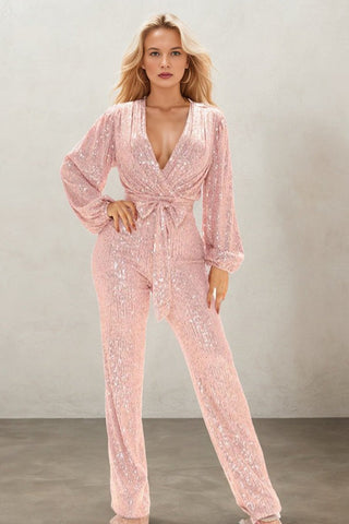 Glittery Deep-V Lantern Sleeve Sequin Party Jumpsuit