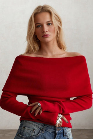 Charm Commuting Solid Off Shoulder Sweater