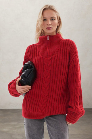 Zippered Turtleneck Cable Stripe Knit Sweater