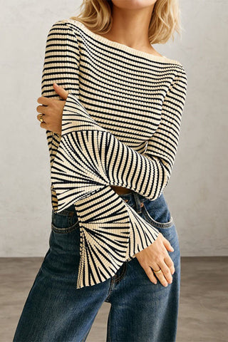 Off Shoulder Striped Ruffle-Sleeve Top