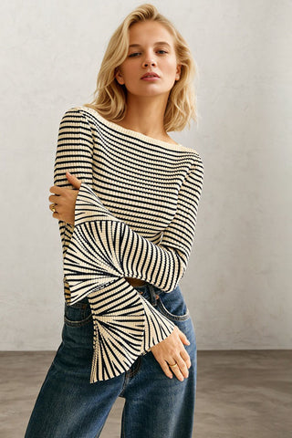 Off Shoulder Striped Ruffle-Sleeve Top